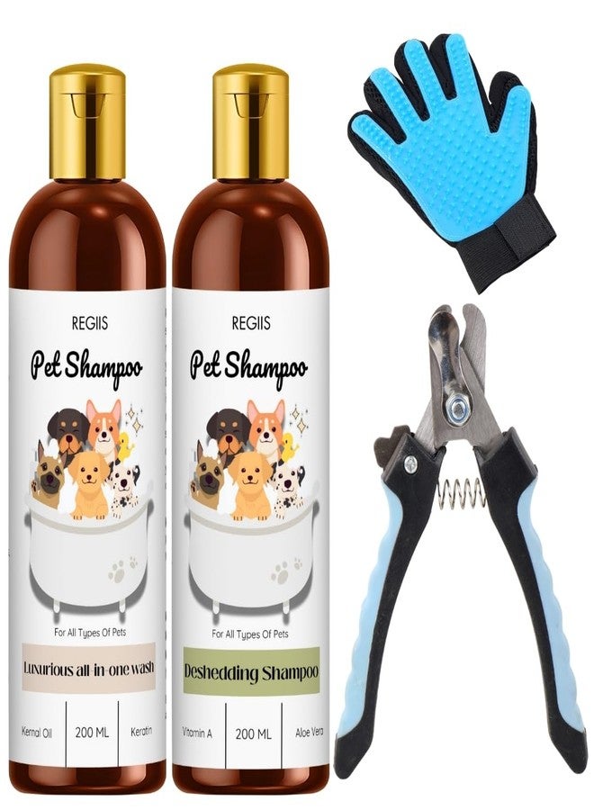 REGIIS Pet Grooming Kit, Dog Shampoo Set with Deshedding Glove and Nail Clipper, All-in-One Wash and Deshedding Formula, 200 ML, 4 Piece Set - Image 1